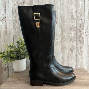Coach Easton Tall Equestrian Black Leather Boots Gold Buckle Sophisticated 9